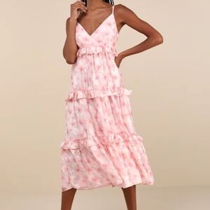 Lulu's Blush Floral Ruffle Tiered Midi Dress